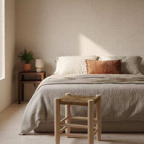 Moroccan Stool In Wood And beige Rope - Handmade boho furniture