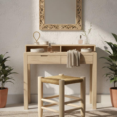 Moroccan Stool In Wood And beige Rope - Handmade boho furniture