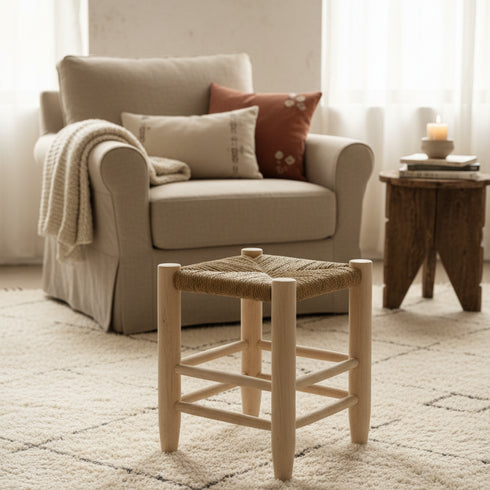 Moroccan Stool In Wood And beige Rope - Handmade boho furniture