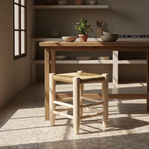 Moroccan Stool In Wood And beige Rope - Handmade boho furniture