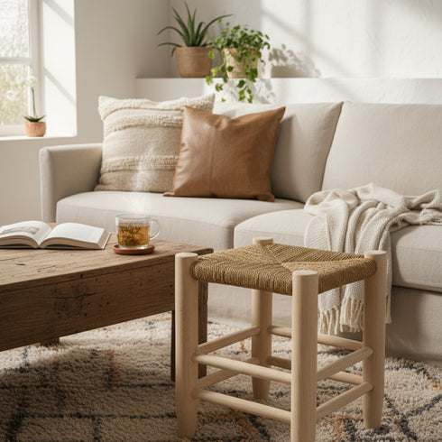 Moroccan Stool In Wood And beige Rope - Handmade boho furniture