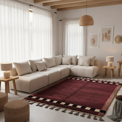 Moroccan Beni Ourain Wool Rug - Burgundy With Black And Cream Border