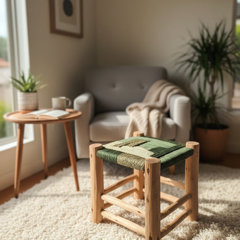 Moroccan Handcrafted Wood and Rope Stool - Wooden Bar Stool