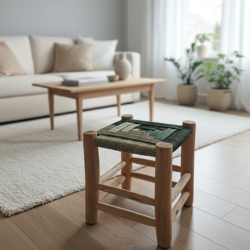 Moroccan Handcrafted Wood and Rope Stool - Wooden Bar Stool