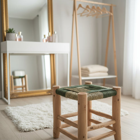 Moroccan Handcrafted Wood and Rope Stool - Wooden Bar Stool