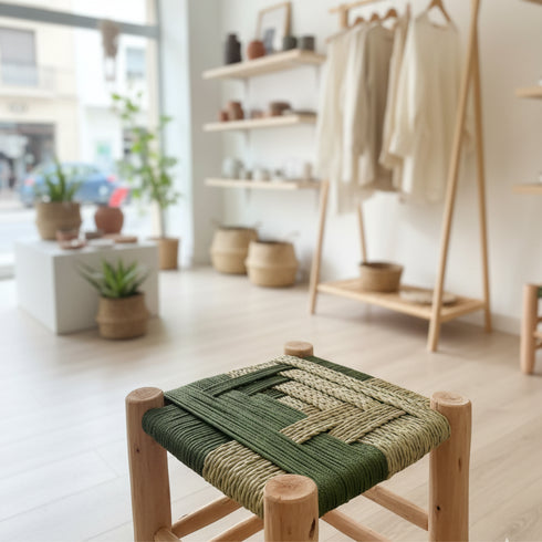 Moroccan Handcrafted Wood and Rope Stool - Wooden Bar Stool