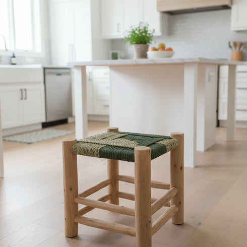 Moroccan Handcrafted Wood and Rope Stool - Wooden Bar Stool