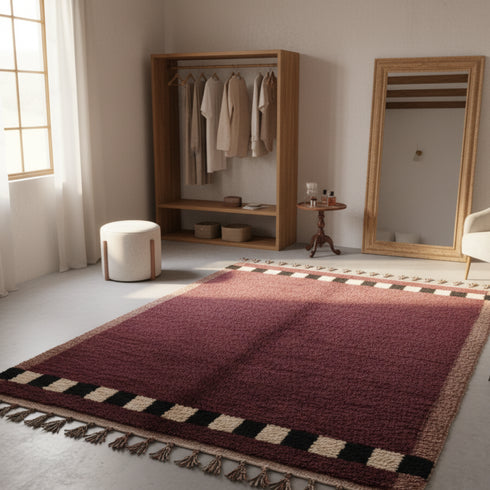 Moroccan Beni Ourain Wool Rug - Burgundy With Black And Cream Border