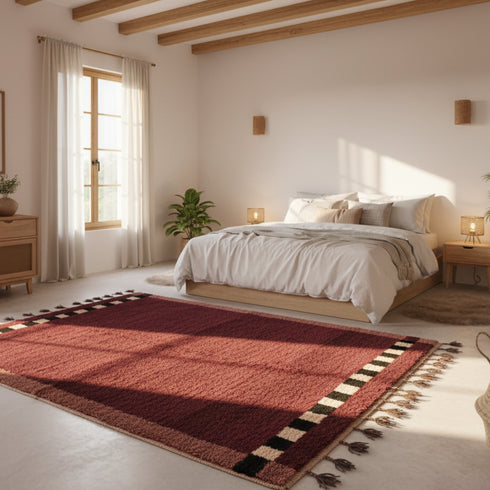 Moroccan Beni Ourain Wool Rug - Burgundy With Black And Cream Border