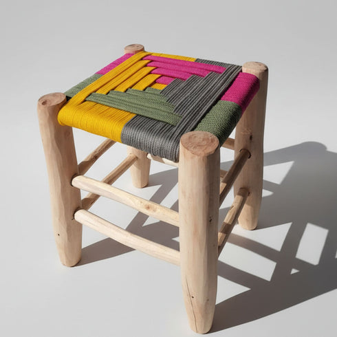 Multicolored Boho Lemon Wood Stool – Moroccan Craftsmanship