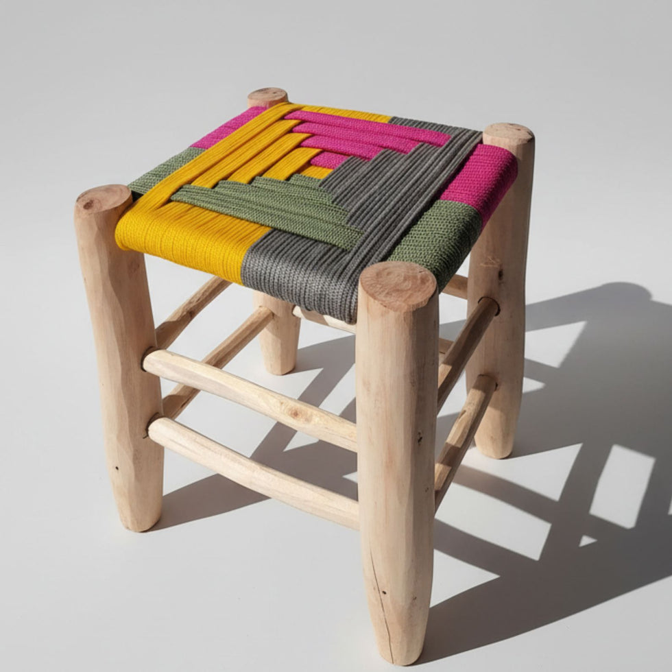Multicolor Woven Folding Stool – Moroccan Rope Wood Seat