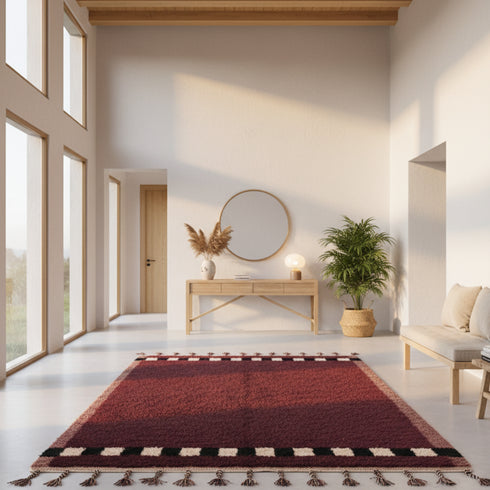 Moroccan Beni Ourain Wool Rug - Burgundy With Black And Cream Border