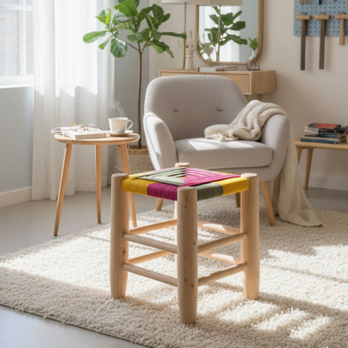 Multicolored Boho Lemon Wood Stool – Moroccan Craftsmanship