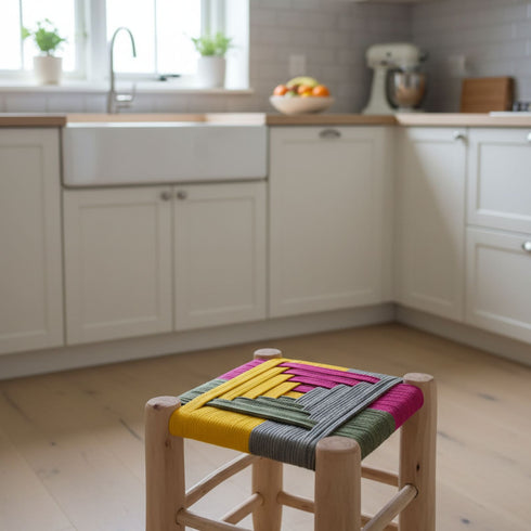 Multicolored Boho Lemon Wood Stool – Moroccan Craftsmanship