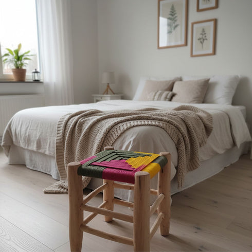 Multicolored Boho Lemon Wood Stool – Moroccan Craftsmanship