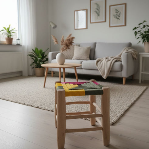 Multicolored Boho Lemon Wood Stool – Moroccan Craftsmanship