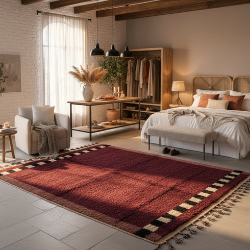 Moroccan Beni Ourain Wool Rug - Burgundy With Black And Cream Border