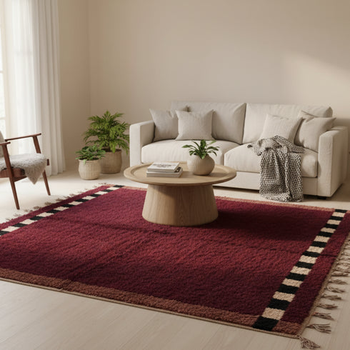 Moroccan Beni Ourain Wool Rug - Burgundy With Black And Cream Border