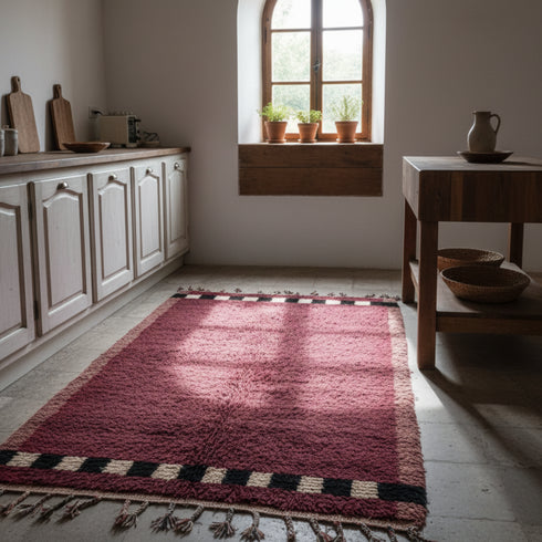 Moroccan Beni Ourain Wool Rug - Burgundy With Black And Cream Border