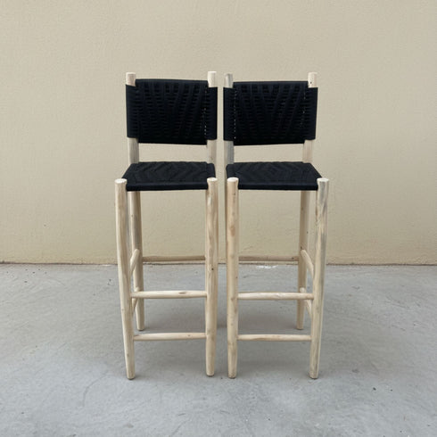 Handmade Moroccan Laurel Wooden Stool - Woven Rope Backrest