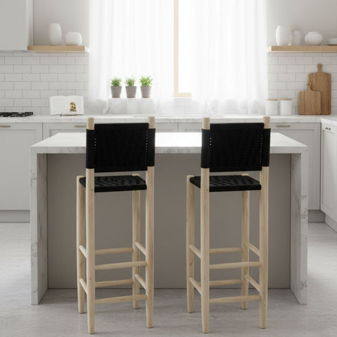 Handmade Moroccan Laurel Wooden Stool - Woven Rope Backrest