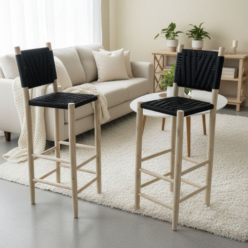 Handmade Moroccan Laurel Wooden Stool - Woven Rope Backrest