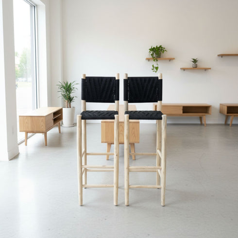 Handmade Moroccan Laurel Wooden Stool - Woven Rope Backrest