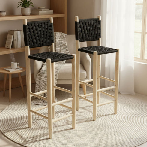 Handmade Moroccan Laurel Wooden Stool - Woven Rope Backrest