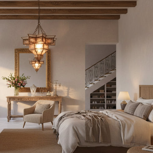 Handmade Moroccan Brass Pendant Lamp - Milky Glass Boho Light (pl-2018)