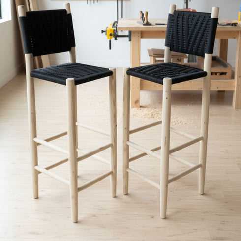 Handmade Moroccan Laurel Wooden Stool - Woven Rope Backrest