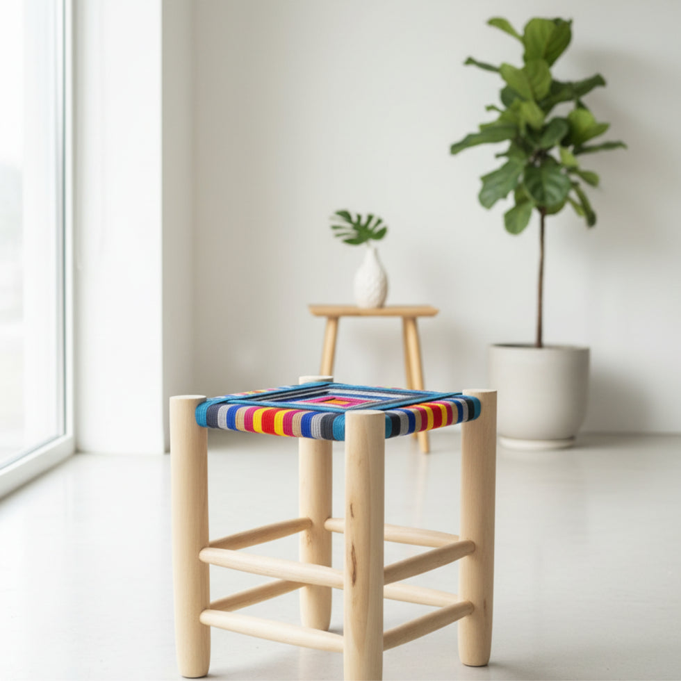 Moroccan Folding Stool – Handwoven Multicolor Rope Wood Seat
