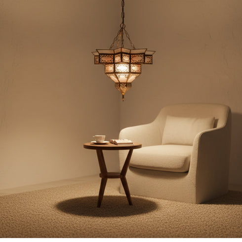 Handmade Moroccan Brass Pendant Lamp - Milky Glass Boho Light (pl-2018)