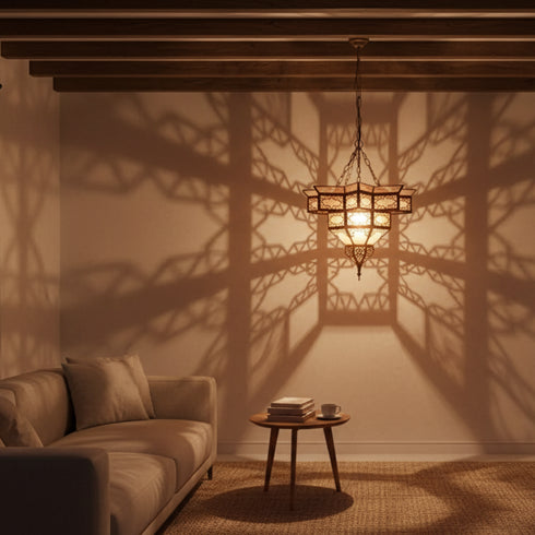 Handmade Moroccan Brass Pendant Lamp - Milky Glass Boho Light (pl-2018)