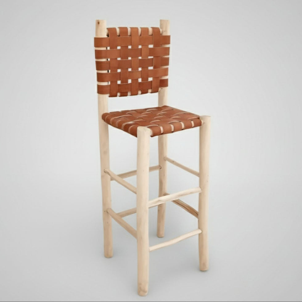 Moroccan Bar Stool – Handwoven Brown Leather Wood Seat