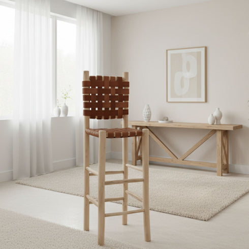Woven Leather Bar Stool with Backrest - Handmade Moroccan Chair