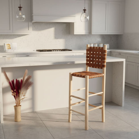 Woven Leather Bar Stool with Backrest - Handmade Moroccan Chair