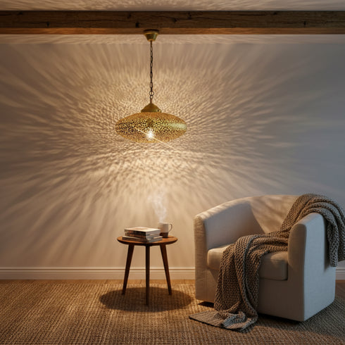 Floral Moroccan Brass Pendant Light - Handmade Shadow Lantern (pl-2024)