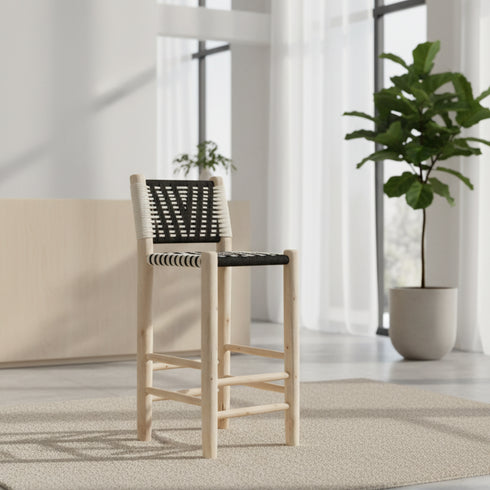 Rustic Laurel Wood Counter Stool - Handmade Moroccan Chair