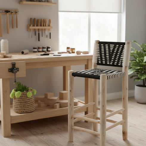 Rustic Laurel Wood Counter Stool - Handmade Moroccan Chair