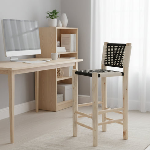 Rustic Laurel Wood Counter Stool - Handmade Moroccan Chair