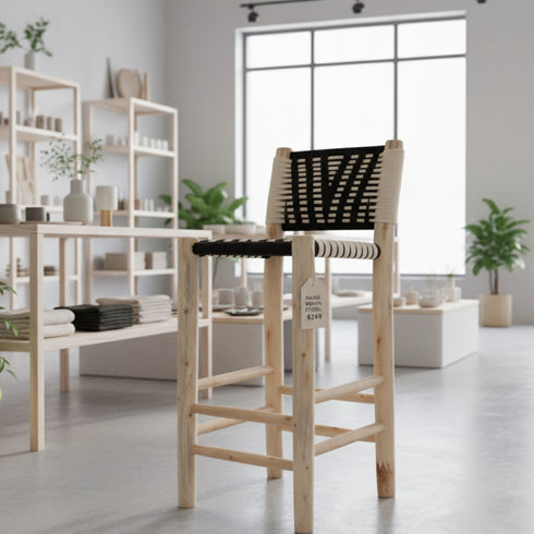 Rustic Laurel Wood Counter Stool - Handmade Moroccan Chair