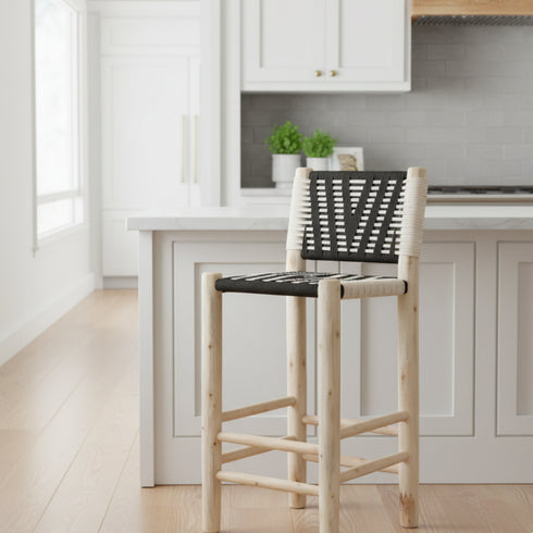 Rustic Laurel Wood Counter Stool - Handmade Moroccan Chair