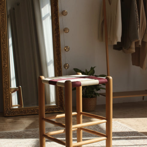 Handwoven Morrocan Backless Chair - Walnut Wood Finish And Natural Rope