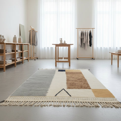 Moroccan Wool Rug – Cream & Brown Modern Boho Carpet