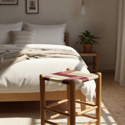 Handwoven Morrocan Backless Chair - Walnut Wood Finish And Natural Rope