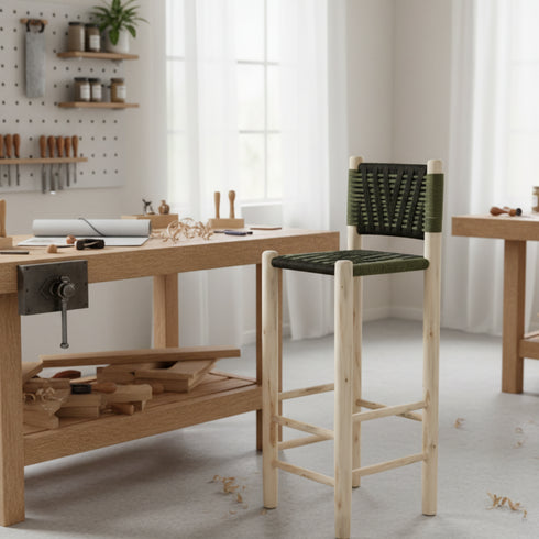 Wood Counter Stool with Backrest - Handmade Moroccan Bar Stool