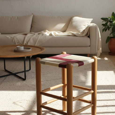 Handwoven Morrocan Backless Chair - Walnut Wood Finish And Natural Rope