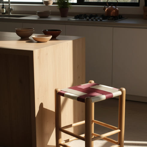 Handwoven Morrocan Backless Chair - Walnut Wood Finish And Natural Rope