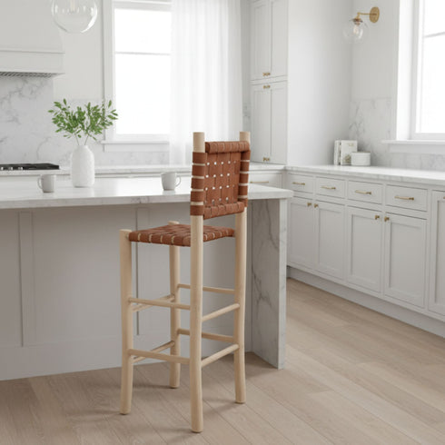 Woven Leather Bar Stool with Backrest - Handmade Moroccan Chair