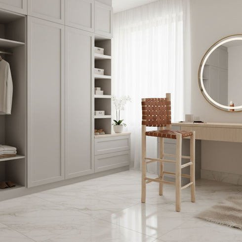 Woven Leather Bar Stool with Backrest - Handmade Moroccan Chair